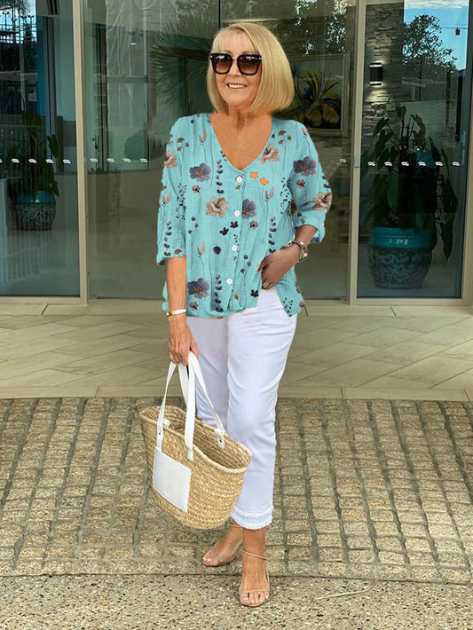 V Neck Floral Patterned Quarter Sleeve Blouse