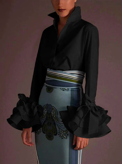 Tiered Ruffle Cuff Button Up Blouse