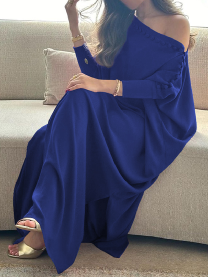 Button Trim Asymmetric Off Shoulder Slit Maxi Dress