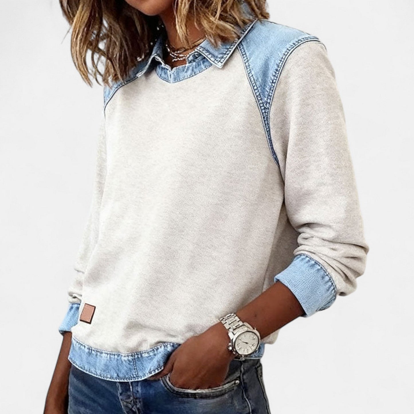 Women's Point Collar Long Sleeve Colorblock Sweatshirt