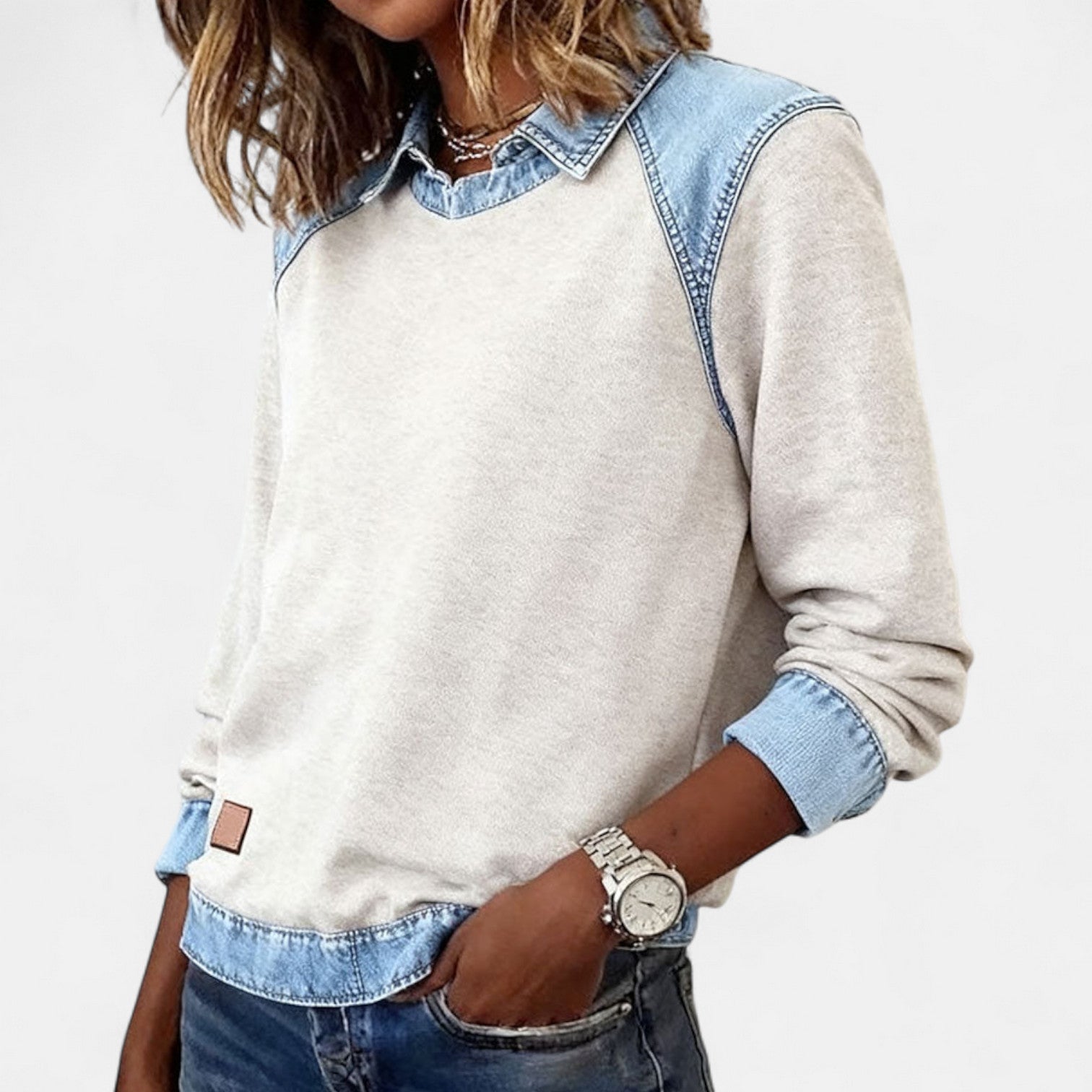 Women's Point Collar Long Sleeve Colorblock Sweatshirt