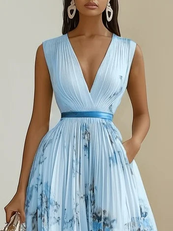 Deep V Neck Pleated Printed Dress