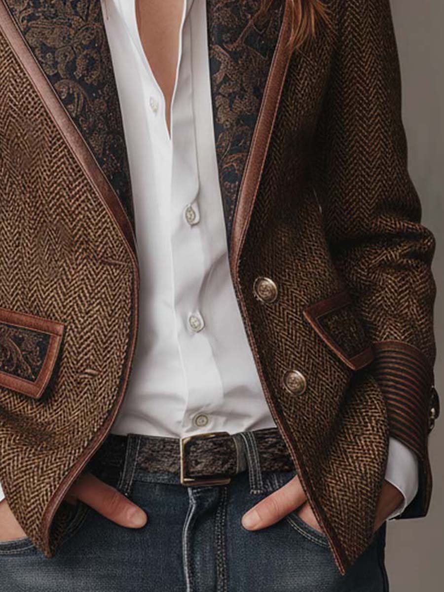 Women's Peak Lapel Long Sleeve Herringbone Blazer