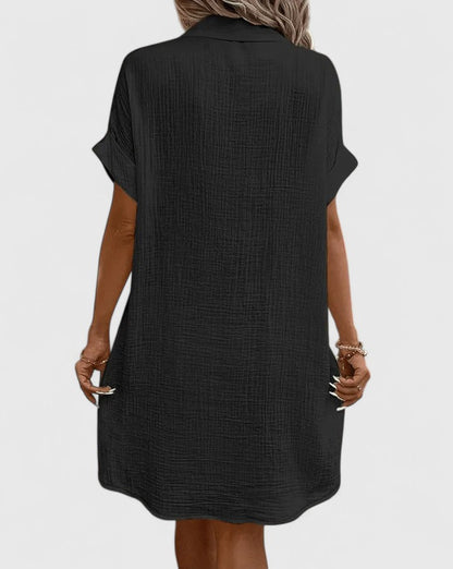 Collared Buttoned Pocketed Textured Cuffed Short Dress