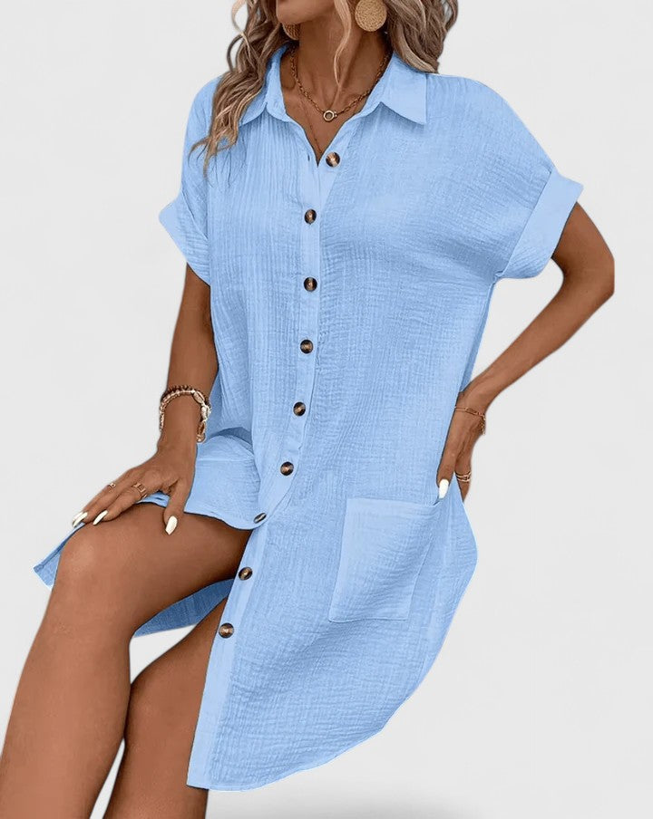 Collared Buttoned Pocketed Textured Cuffed Short Dress