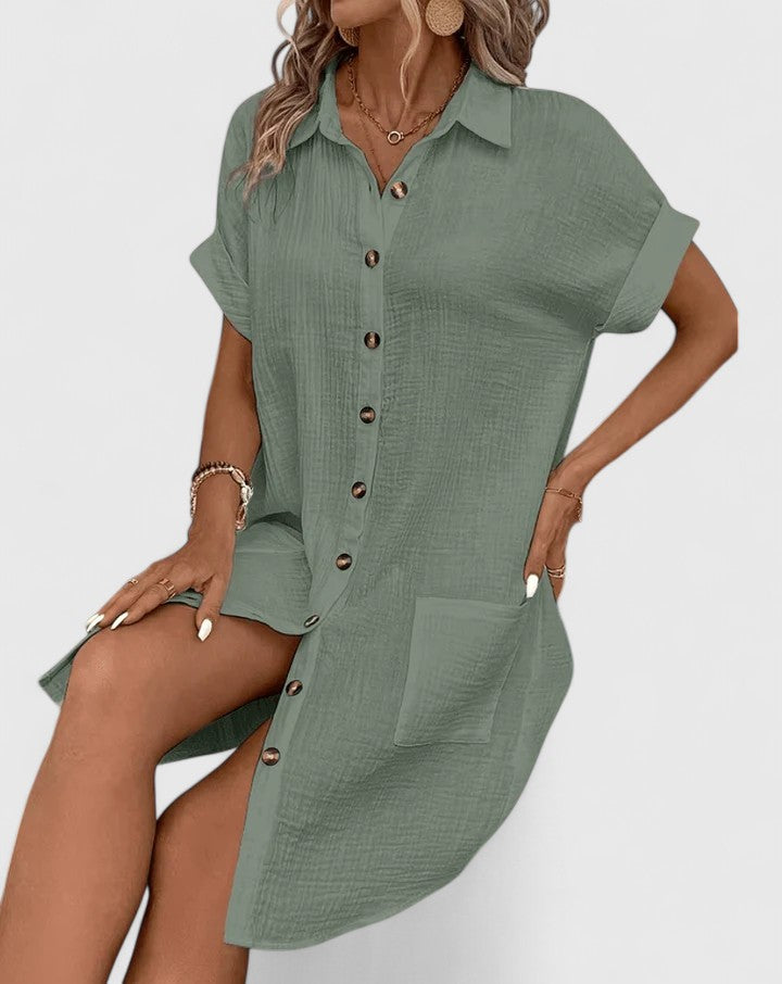 Collared Buttoned Pocketed Textured Cuffed Short Dress
