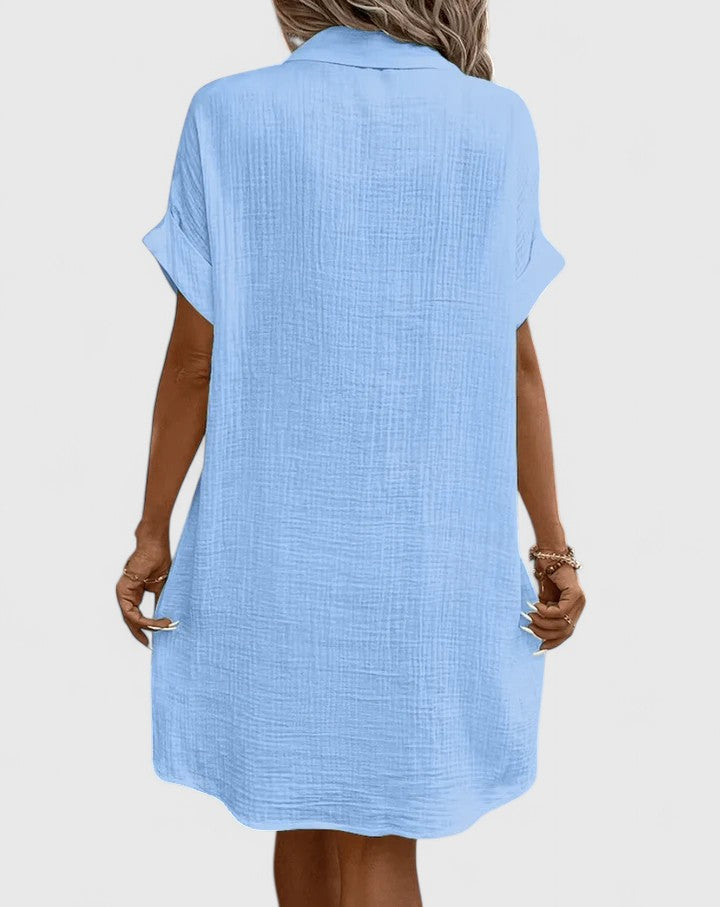 Collared Buttoned Pocketed Textured Cuffed Short Dress