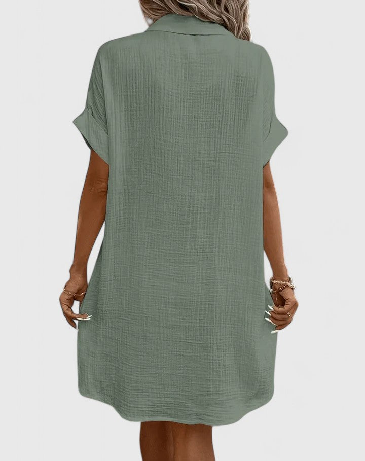 Collared Buttoned Pocketed Textured Cuffed Short Dress