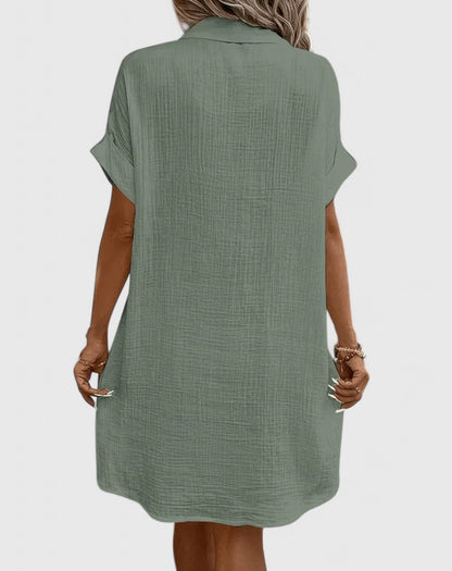 Collared Buttoned Pocketed Textured Cuffed Short Dress