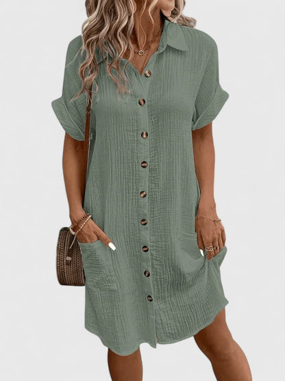 Collared Buttoned Pocketed Textured Cuffed Short Dress
