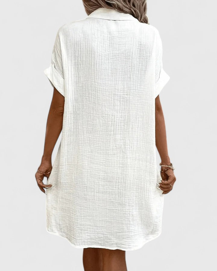 Collared Buttoned Pocketed Textured Cuffed Short Dress