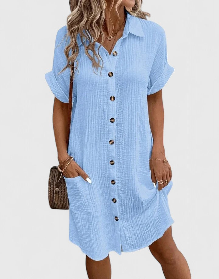 Collared Buttoned Pocketed Textured Cuffed Short Dress