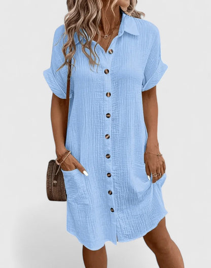 Collared Buttoned Pocketed Textured Cuffed Short Dress