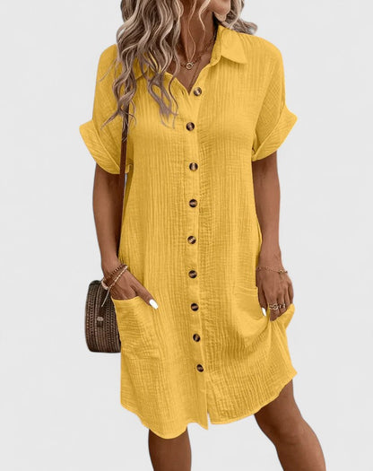 Collared Buttoned Pocketed Textured Cuffed Short Dress
