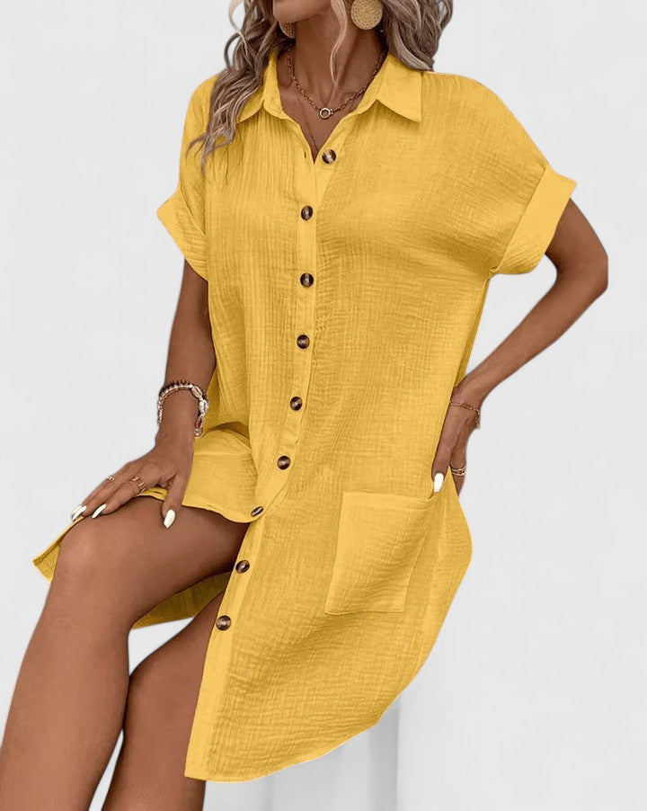Collared Buttoned Pocketed Textured Cuffed Short Dress
