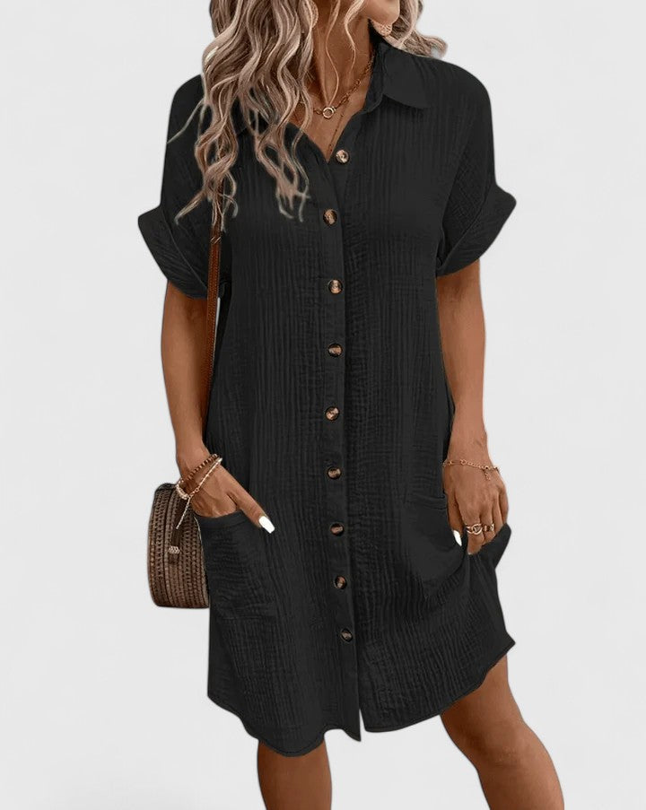 Collared Buttoned Pocketed Textured Cuffed Short Dress