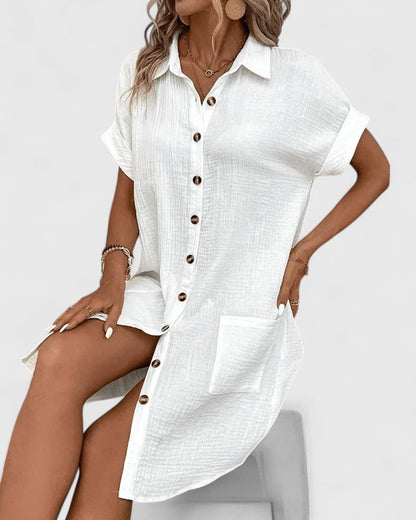 Collared Buttoned Pocketed Textured Cuffed Short Dress