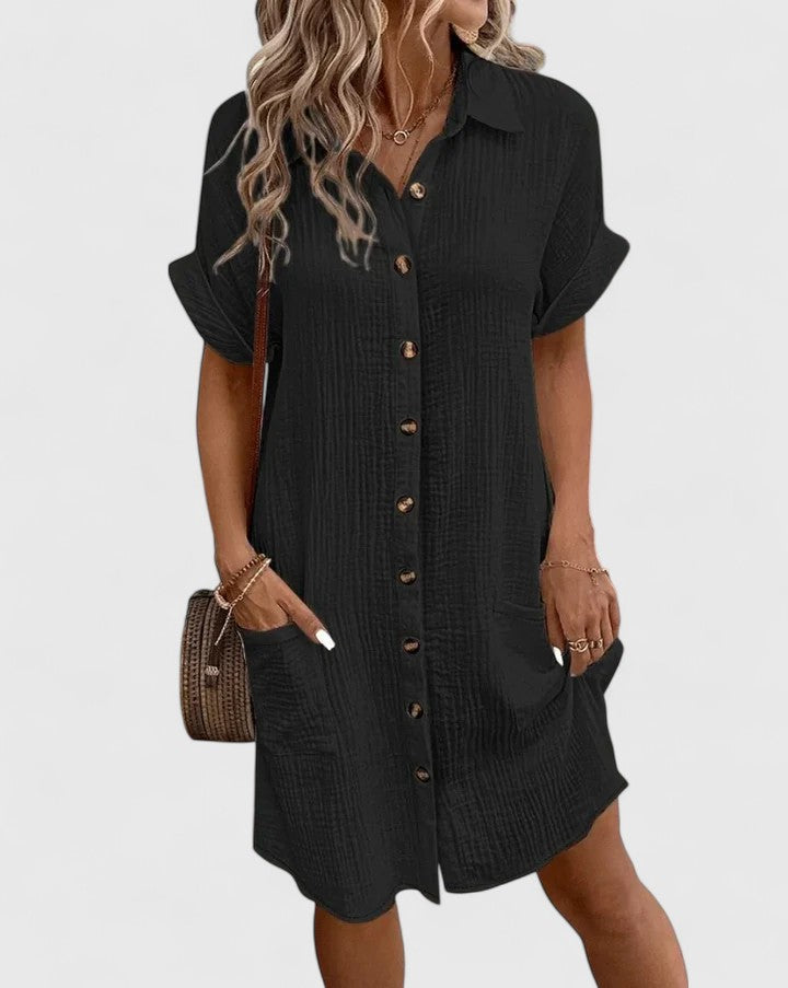 Collared Buttoned Pocketed Textured Cuffed Short Dress