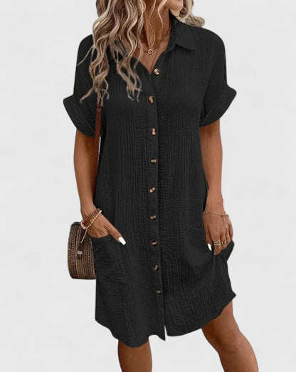 Collared Buttoned Pocketed Textured Cuffed Short Dress