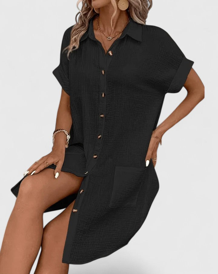 Collared Buttoned Pocketed Textured Cuffed Short Dress