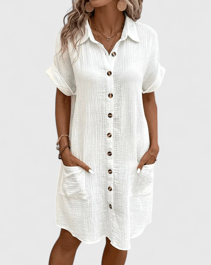 Collared Buttoned Pocketed Textured Cuffed Short Dress
