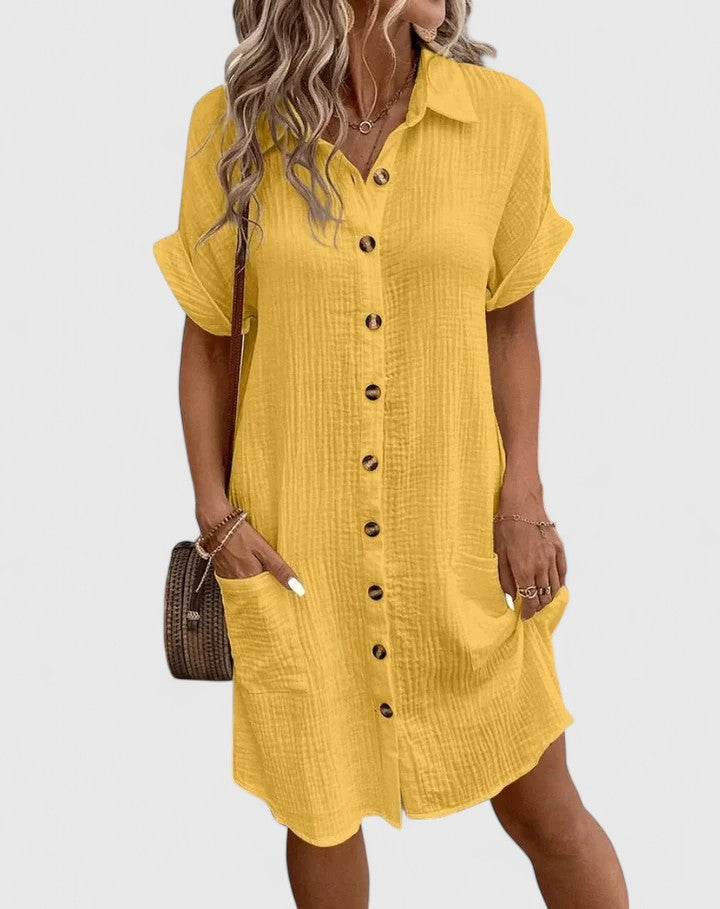 Collared Buttoned Pocketed Textured Cuffed Short Dress