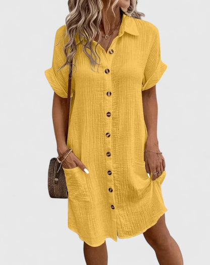Collared Buttoned Pocketed Textured Cuffed Short Dress