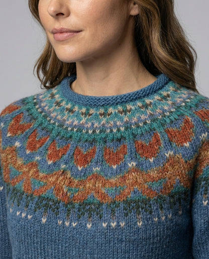 Patterned Yoked Ribbed Cuffed Round Long Sweater