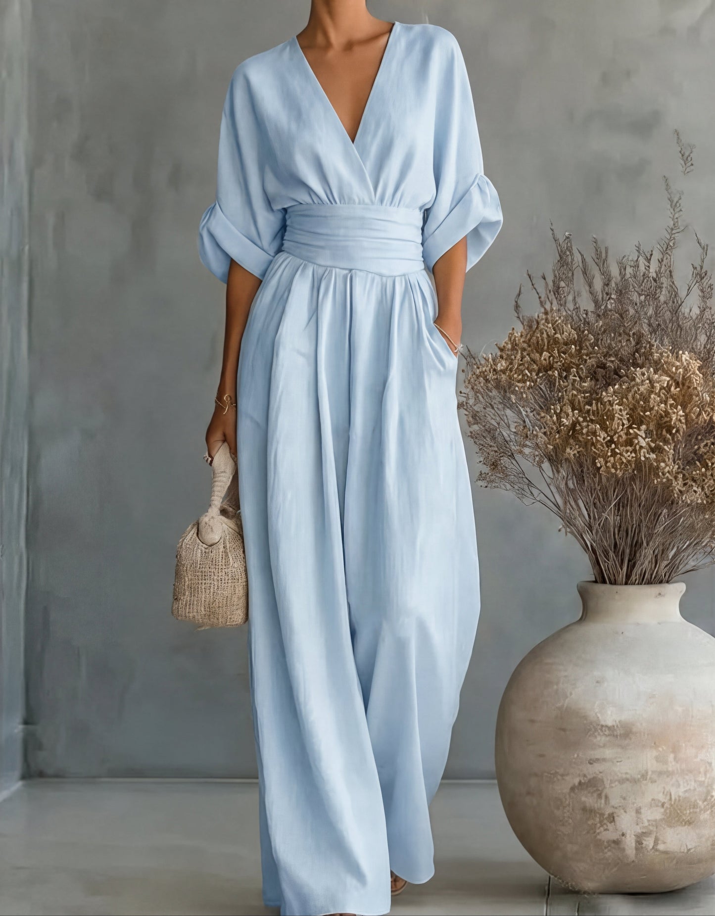 Cuffed Banded Plunging Pocketed Wide Jumpsuit