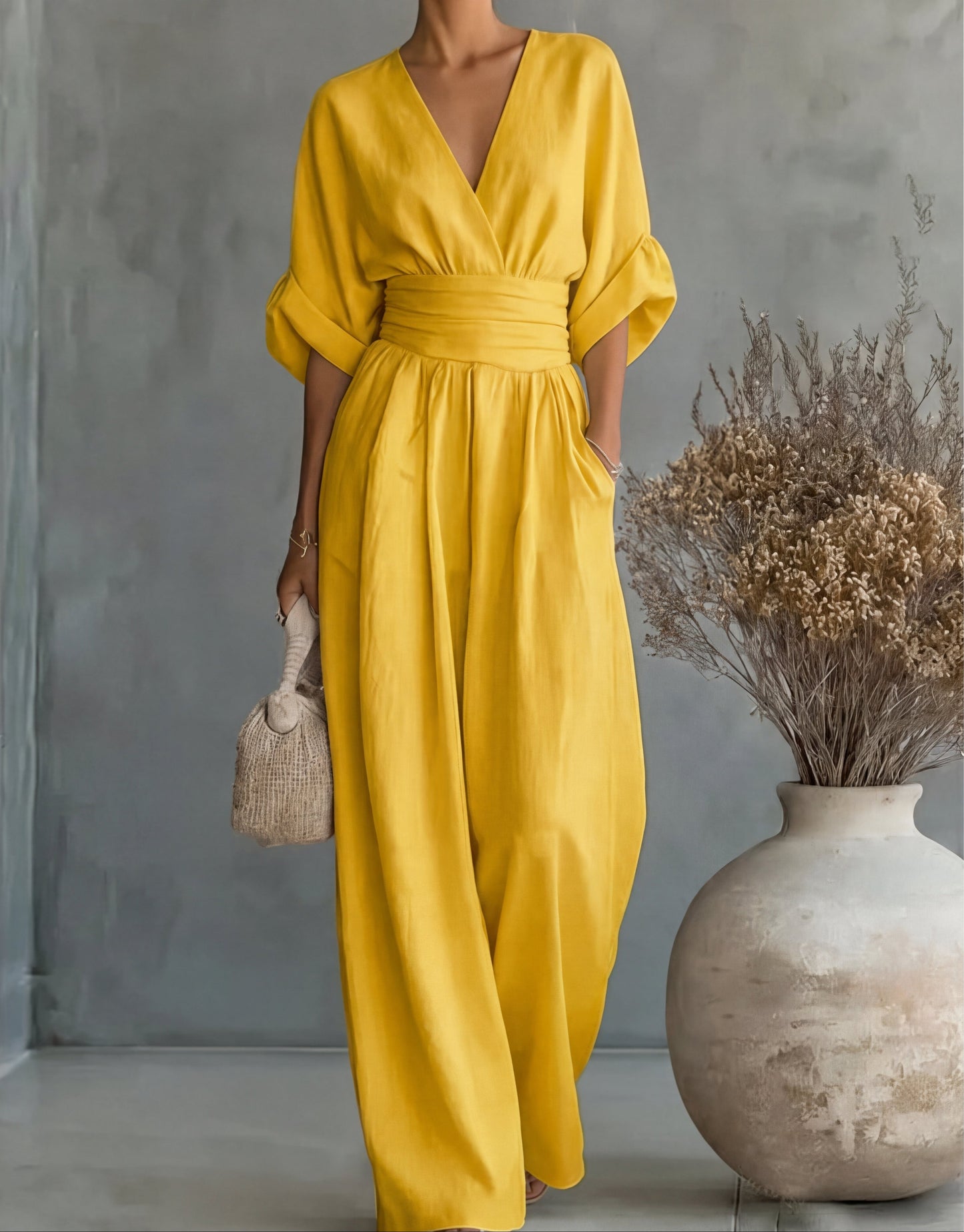 Cuffed Banded Plunging Pocketed Wide Jumpsuit