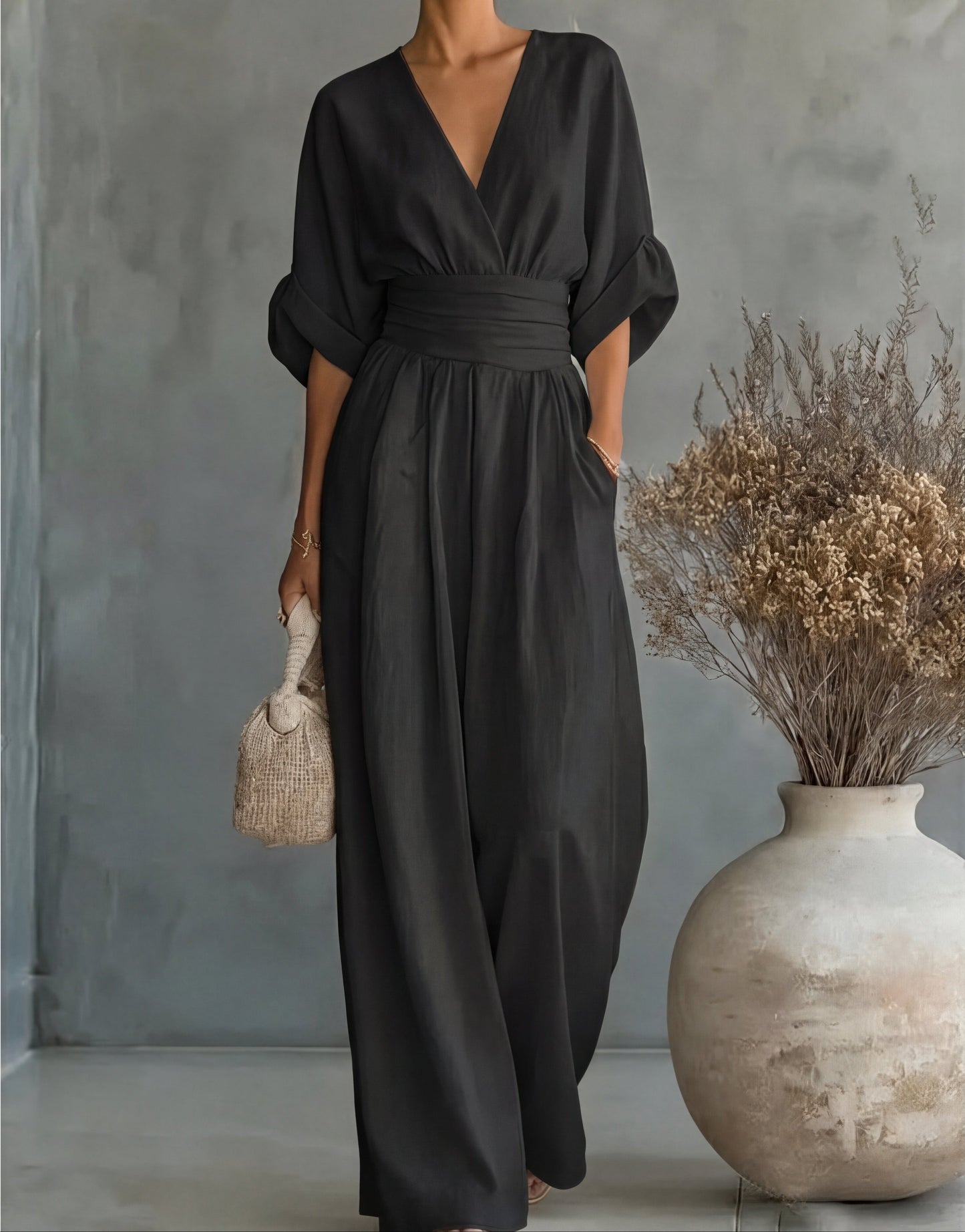 Cuffed Banded Plunging Pocketed Wide Jumpsuit