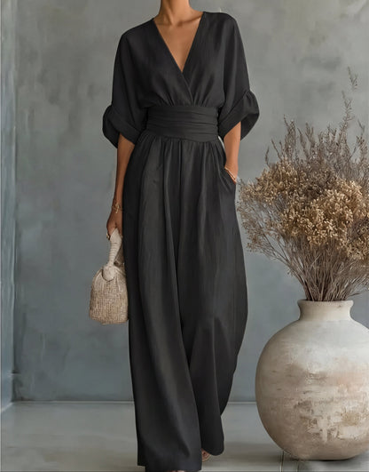 Cuffed Banded Plunging Pocketed Wide Jumpsuit