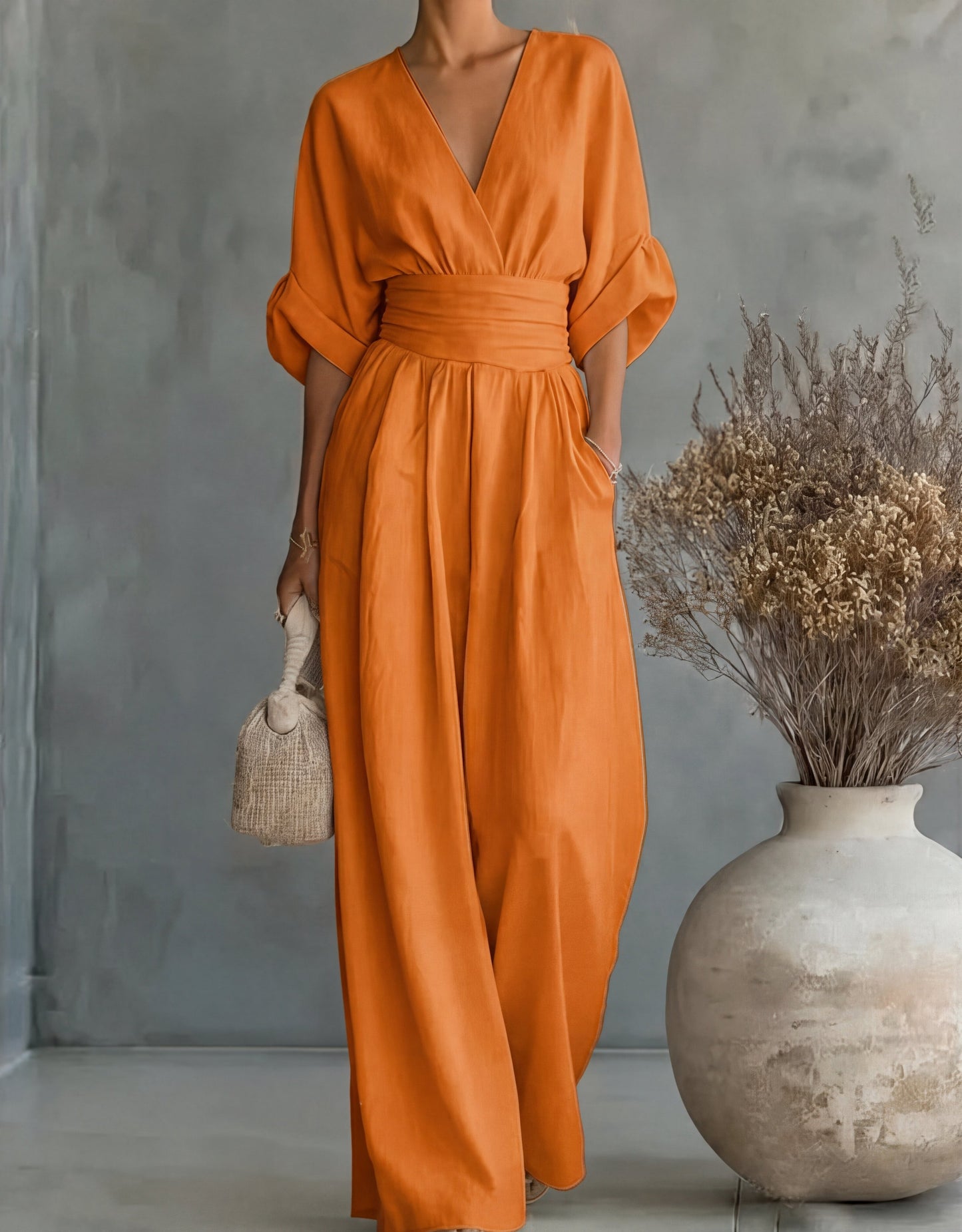 Cuffed Banded Plunging Pocketed Wide Jumpsuit