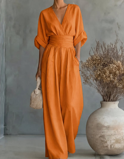 Cuffed Banded Plunging Pocketed Wide Jumpsuit