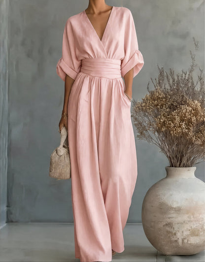 Cuffed Banded Plunging Pocketed Wide Jumpsuit