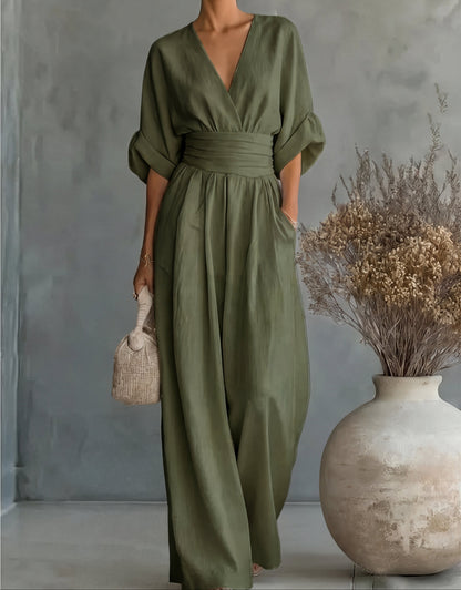 Cuffed Banded Plunging Pocketed Wide Jumpsuit