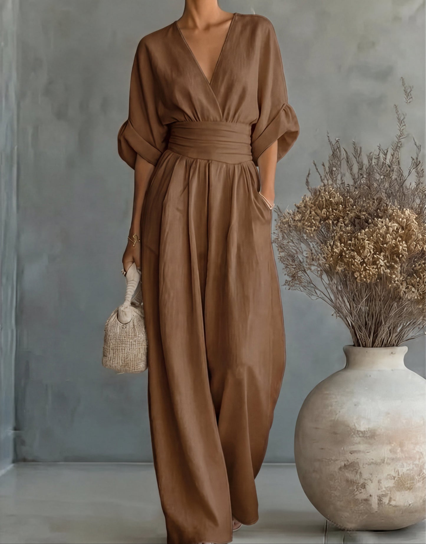 Cuffed Banded Plunging Pocketed Wide Jumpsuit