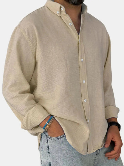 Collared Buttoned Cuffed Textured Curved Plain Shirt