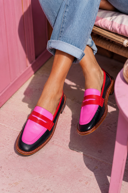 Round Toe Penny Strap Stitched Low Heel Loafers