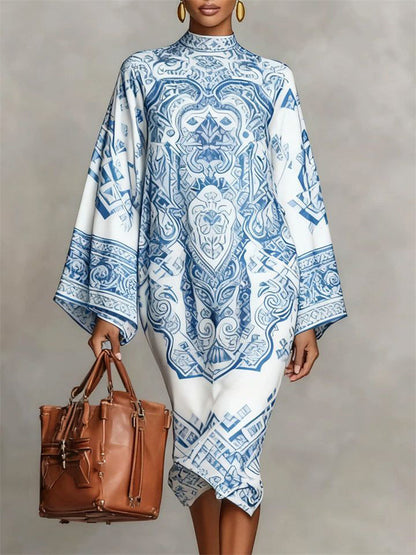 Long Sleeve Loose Mock Neck Midi Dress