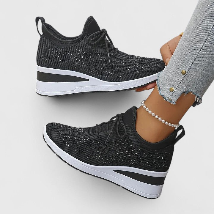 Rhinestone Mesh Lace-Up Wedge Sneakers