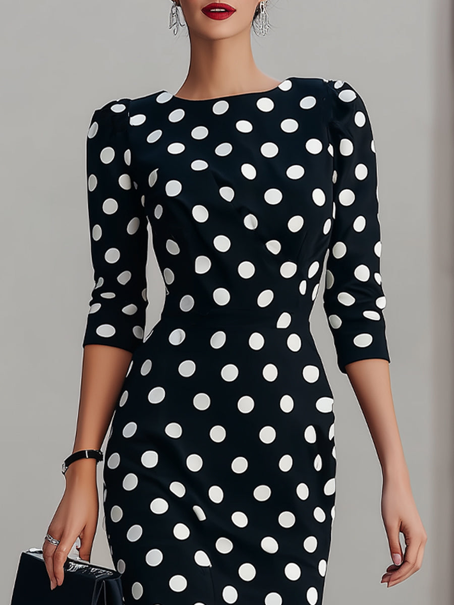 Polka Dot Three Quarter Sleeve Fitted Sheath Dress