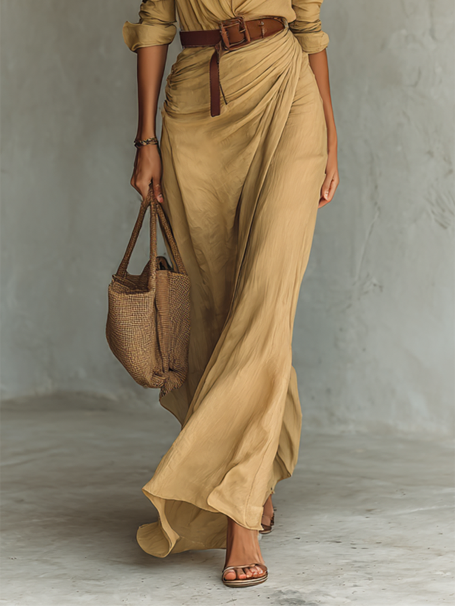 Ruched Collared Maxi Wrap Dress