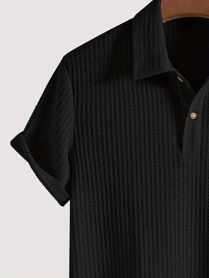 Short Collared Buttoned Textured Ribbed Straight Shirt