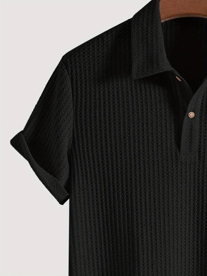 Short Collared Buttoned Textured Ribbed Straight Shirt