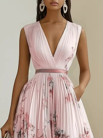 Deep V Neck Pleated Printed Dress