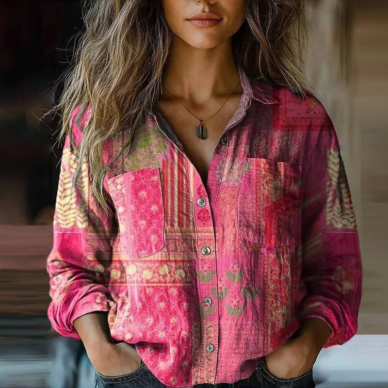 Long Sleeved Collared Patterned Buttoned Blouse