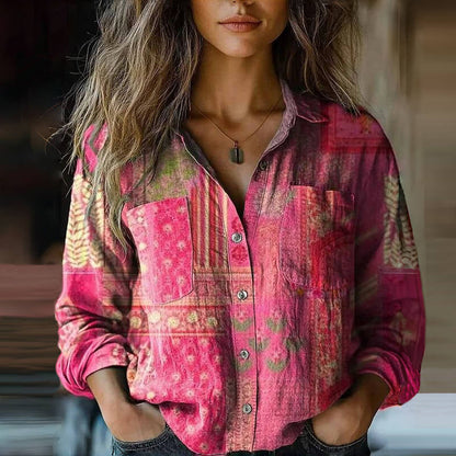 Long Sleeved Collared Patterned Buttoned Blouse