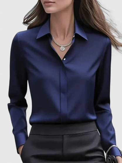 Solid Relaxed Collared Long Cuffed Buttoned Blouse