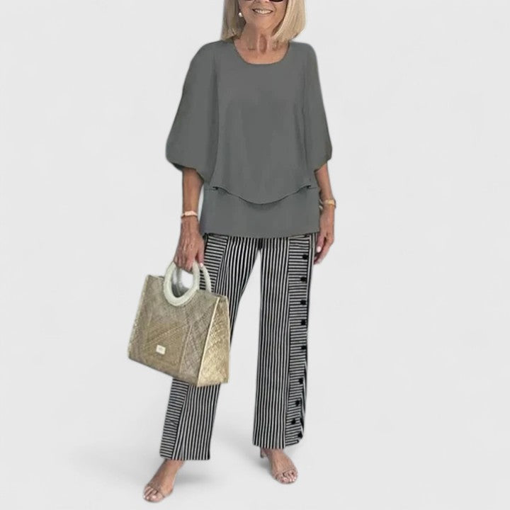 Layered Round Neck Batwing Sleeve Top Straight Leg Set